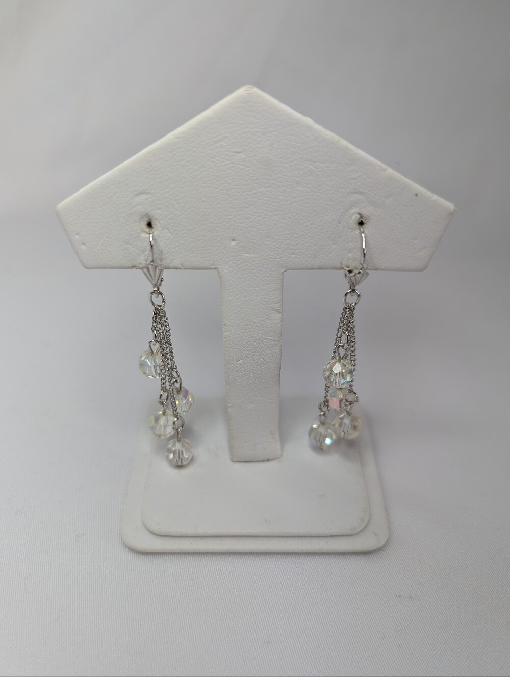 Silver Dangle Crystal Bead Earrings - Aurora Borealis